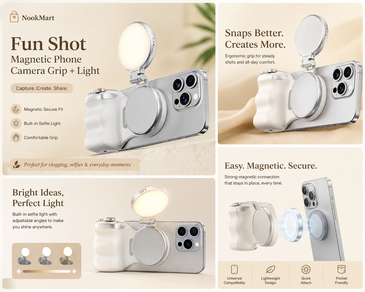 MagSnap Pro Magnetic Camera Grip with LED Selfie Light